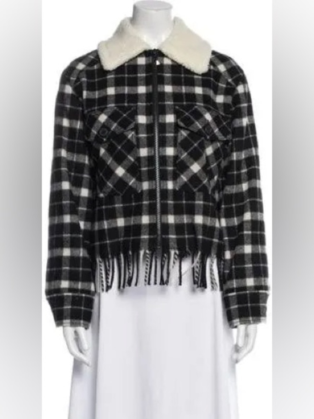 Kate Spade Black & White Plaid Fringe Zip-Up Jacket